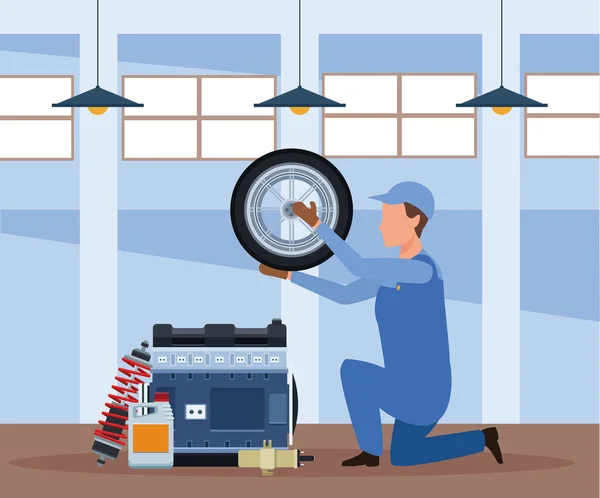 Cenário de oficina de reparo de carro com mecânico trabalhando com pneu de carro e peças de carro — Vetor de Stock
