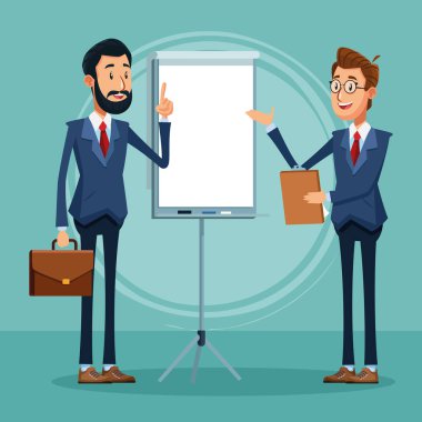 karikatür işadamı ayakta duruyor ve iş adamı kupa üzerinde oturuyor, renkli tasarım