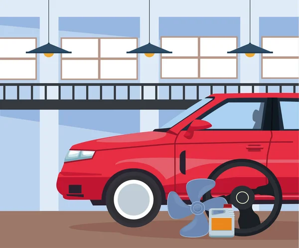 Bil reparation verkstad landskap med röd bil och relaterade ikoner, färgstark design — Stock vektor