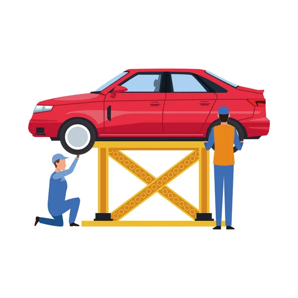Bil mekanik under en bil fixering, färgglad design — Stock vektor