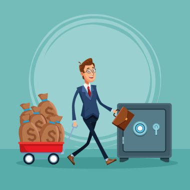 Para çuvalları ve güçlü kutusuyla tramvayı olan çizgi film işadamı.