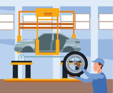 Araba tamir atölyesi manzarası. Araba lastiği ve araba kaldırılmış.