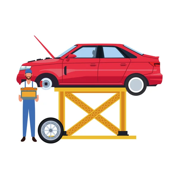 Lyft bil och mekaniker stående med ett batteri, färgglad design — Stock vektor