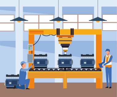 Araba tamir atölyesi manzarası. Tamirciler araba motorlarıyla çalışıyor.