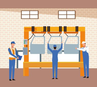 Tamircili araba atölyesi manzarası ve araba kapısı olan makine