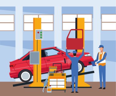 Araba tamir atölyesi manzarası. Tamirciler kaldırılmış araba ve araç gereçleri üzerinde çalışıyor.