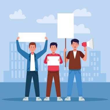 Çizgi filmciler ellerinde boş tabelalar ve megafonla protesto ediyorlar.