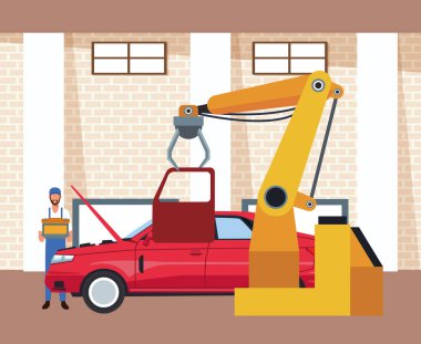 Araba atölyesi manzarası. Mekaniker elinde pil ve kapı tutan bir makine tutuyor.