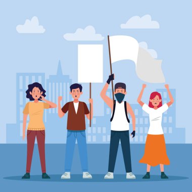 Gençler ellerinde boş direklerle ayakta durup protesto ediyorlar.