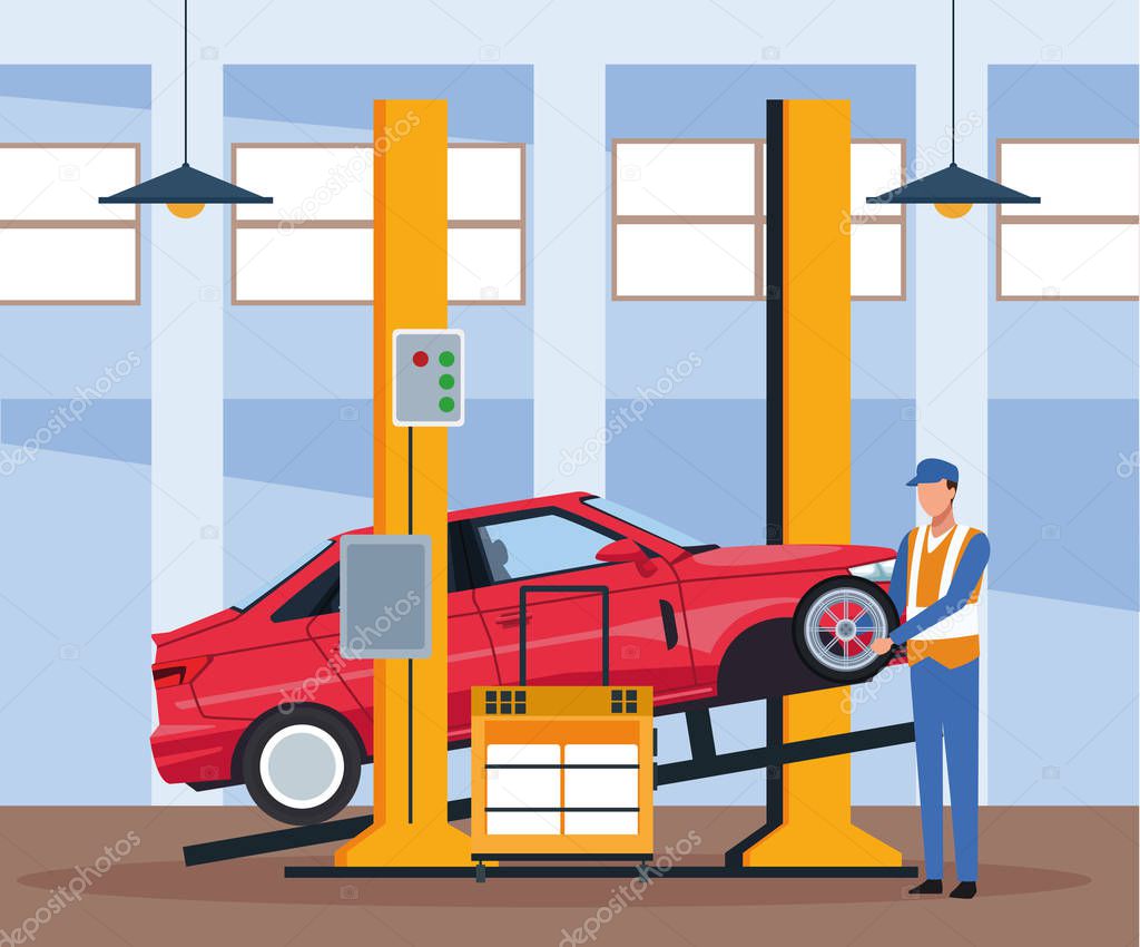 car repair shop scenery with lifted car and mechanic working with car tire