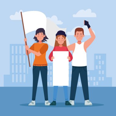 Karikatür insanları ellerinde boş işaretlerle protesto ediyorlar.