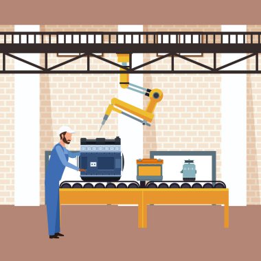 Tamircinin araba motoru ve endüstriyel kol makinesi üzerinde çalıştığı araba atölyesi manzarası