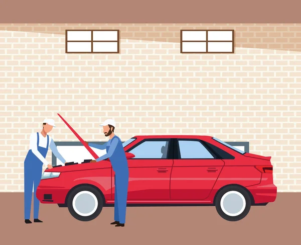 Cenário oficina de carro com mecânica de fixação de um carro vermelho —  Vetores de Stock