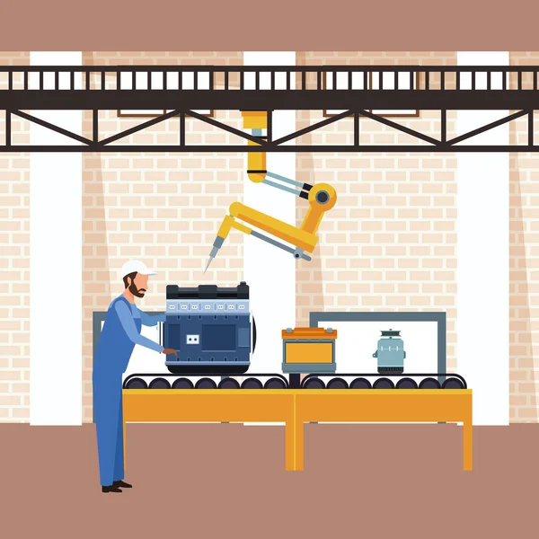 Cenário oficina de carro com mecânico trabalhando no motor do carro e máquina de braço industrial —  Vetores de Stock