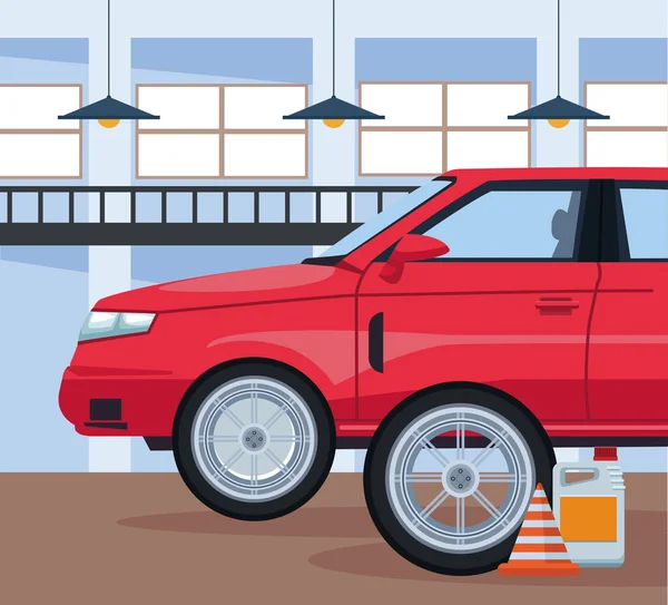 Bil reparationsverkstad landskap med röd bil och trafikkon och oljeflaska, färgglad design — Stock vektor