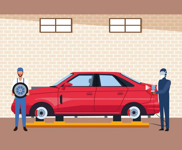 赤い車を描く男と車のタイヤを保持する整備士と車のワークショップの風景 — ストックベクタ