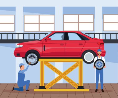 araba atölyesi mekaniği ve kaldırılmış araba, renkli tasarım