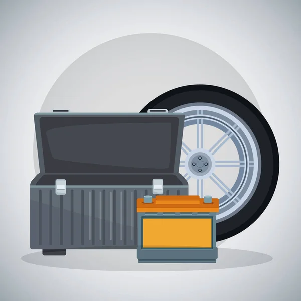 Neumático de coche con caja de herramientas y batería vacías, diseño colorido — Archivo Imágenes Vectoriales