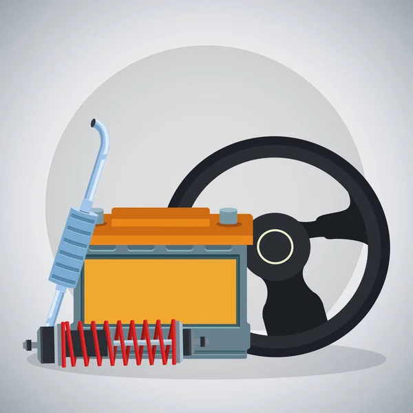 Τιμόνι, μπαταρία αυτοκινήτου με εξάτμιση και αμορτισέρ — Διανυσματικό Αρχείο