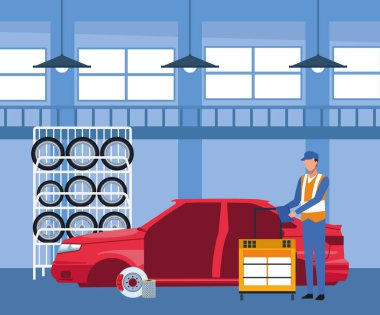 Araba tamirhanesi sahnesi, araba lastikleri askısı ve araba tamircisi üzerinde çalışıyor.