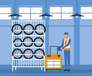 Araba lastikleri askısı ve tamircisi olan araba tamirhanesi manzarası.