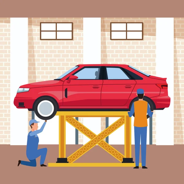 Cenário oficina de carro com carro levantado e mecânica trabalhando em —  Vetores de Stock