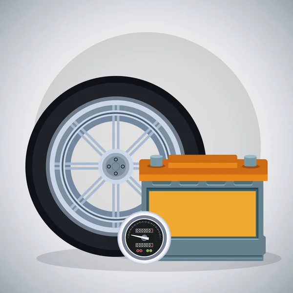 Neumático del coche, batería y medidor de velocidad sobre fondo gris — Archivo Imágenes Vectoriales