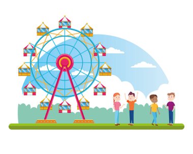 Dönme dolap ve mutlu insanlar, renkli tasarım.