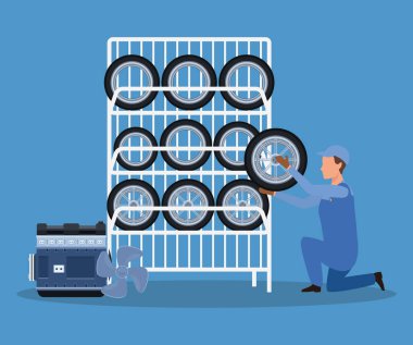 araba lastiği ve araba lastiği taşıyan bir karikatür tamircisi mavi bckground üzerinde araba motoru, renkli tasarım