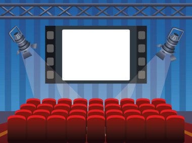 Ekran ve sandalyeli sinema tasarımı, renkli tasarım