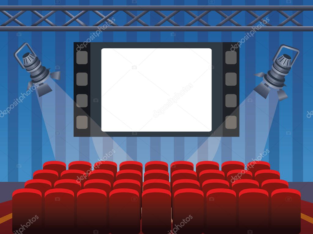 cinema design with screen and chairs, colorful design