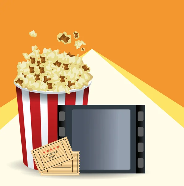 Кинокатушка с ведром попкорна и билетами в кино, красочный дизайн — стоковый вектор