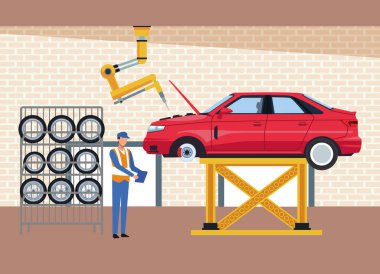 car workshop scenery with car lifted, car tires rack and mechanic supervising