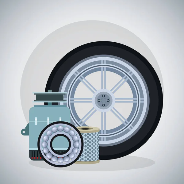 Auto pneumatika s alternátorem, brzdovým kotoučem a vzduchovým filtrem — Stockový vektor