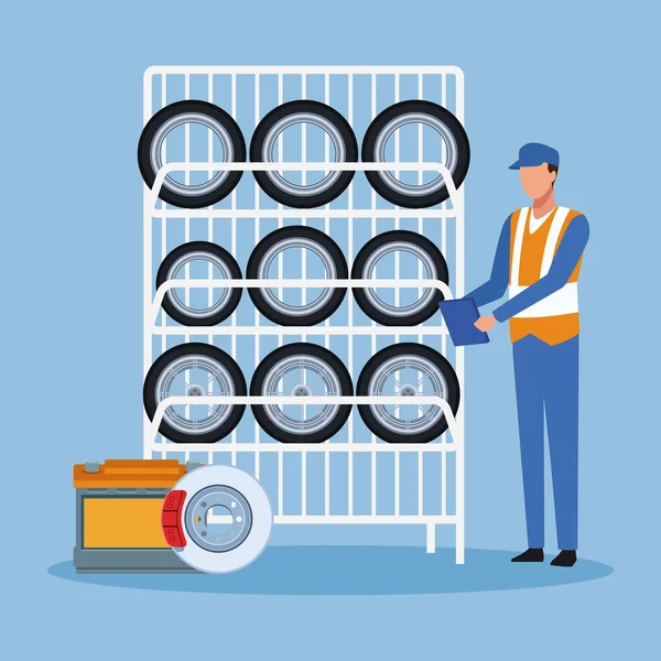 Car tires rack and mechanic standing over blue background — 图库矢量图片