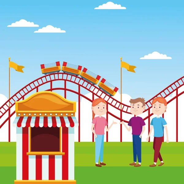 Ticket booth and happy people standing over roller coaster and landscape background, colorful design — ストックベクタ