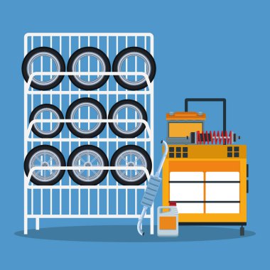 car repair shop scenery with car tires rack and tools trolley