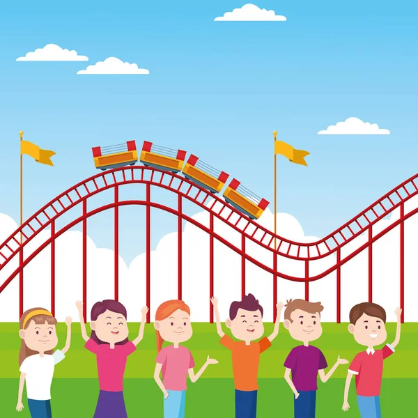 Happy people in the fair over roller coaster background — ストックベクタ