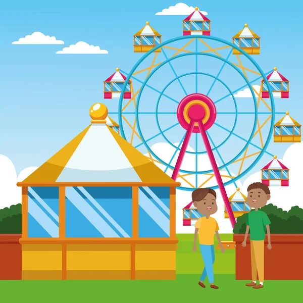 Cartoon boys standing over ferris wheel and landscape background, colorful design — ストックベクタ