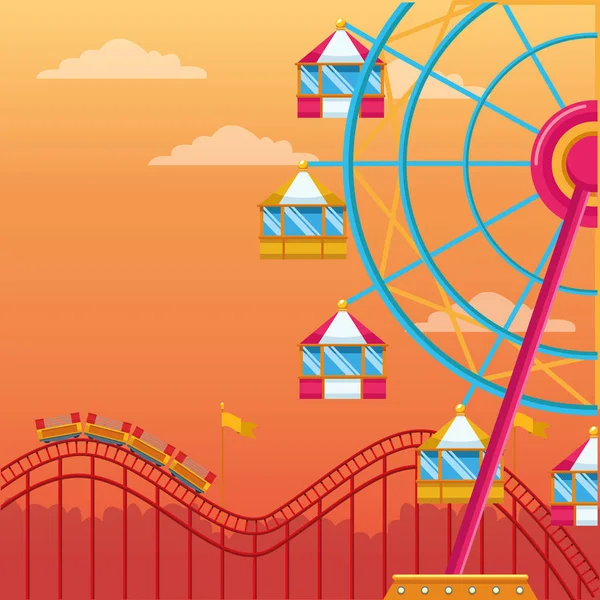 Carnival ferris wheel over roller coaster and orange sunset background — Stock vektor