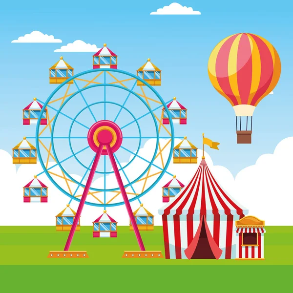 Ferris wheel and fair tent, colorful design — 스톡 벡터