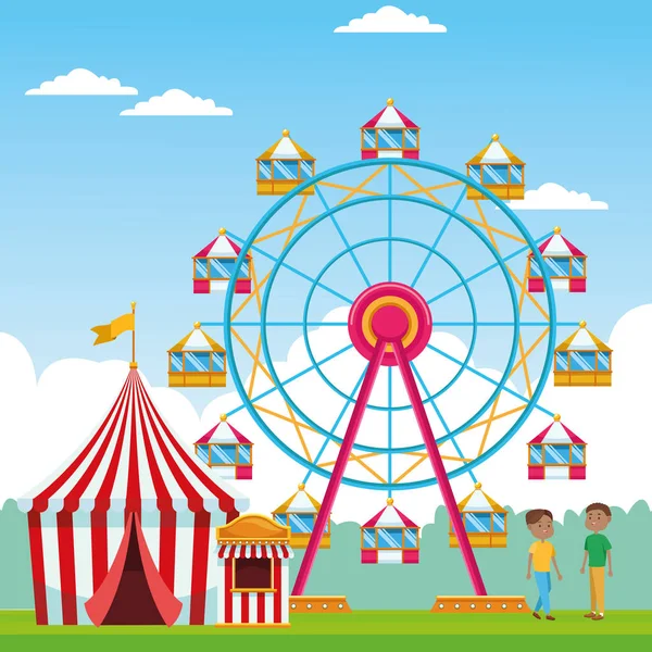Happy boys in the fair with ferris wheel and fair tent over landscape background — ストックベクタ