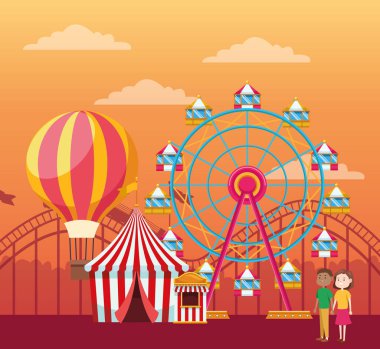 couple in the fair with hot air balloon, ferris wheel and fair tent