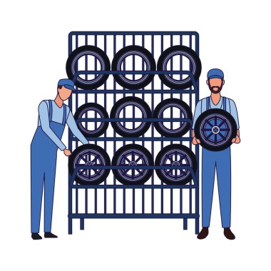 car mechanics with car tires rack, colorful design