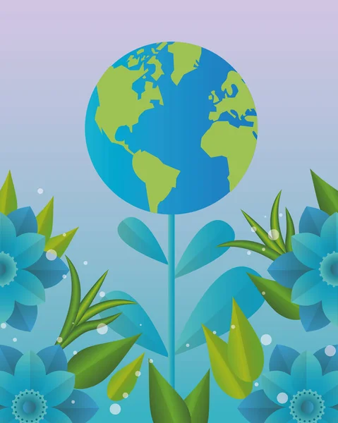 Planeta mundo terra com plantas de folhas —  Vetores de Stock