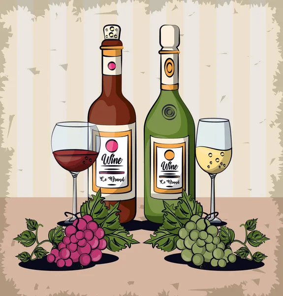 Wine cups and bottles with grapes fruits — 스톡 벡터