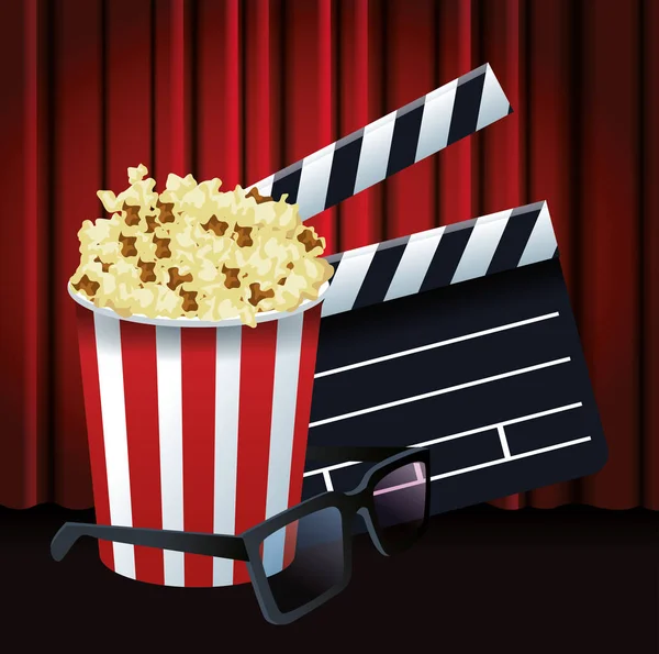 Popcorn emmer met klapbord en 3d bril, kleurrijk design — Stockvector