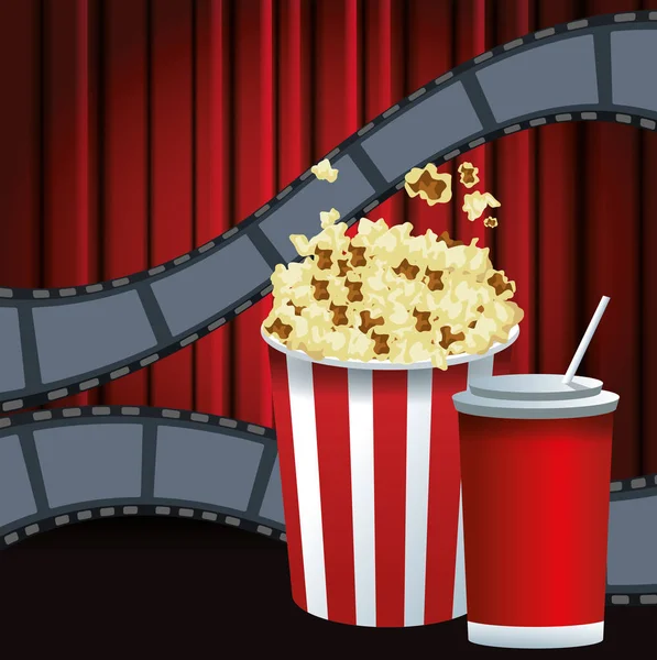 Secchio di popcorn e bicchieri di soda e bobine di film — Vettoriale Stock