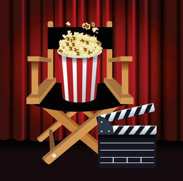 Krzesło reżyserskie z wiadrem popcornu i klapką — Wektor stockowy
