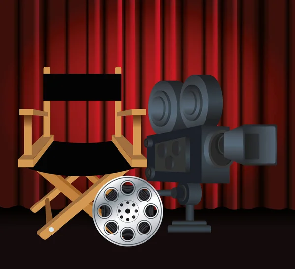 Cinema camera with directors chair and film reel — Stok Vektör